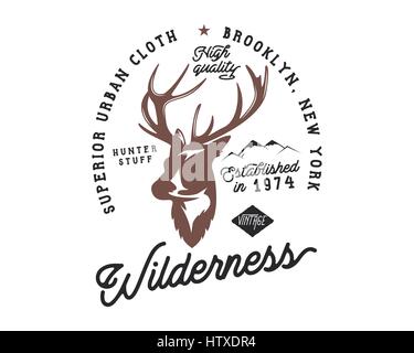 Hand drawn vintage camping badge and hiking label with hiking design elements and typography. Included deer head, mountains and quote text- "wilderness". Old style patch. Rustic stamp vector template. Stock Vector
