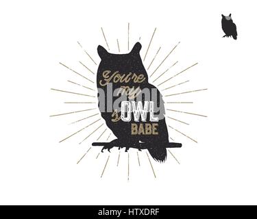Vintage hand drawn animal label. Tribal badge with textured owl, sunbursts and typography. Good for retro style t shirt, tee designs, print, mugs and so on. Vector illustration Stock Vector