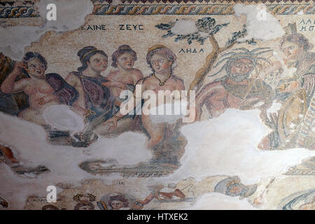 Mosaic in the House of Aion, Nea Pafos, Cyprus shows Leda and her attendant maids. Stock Photo