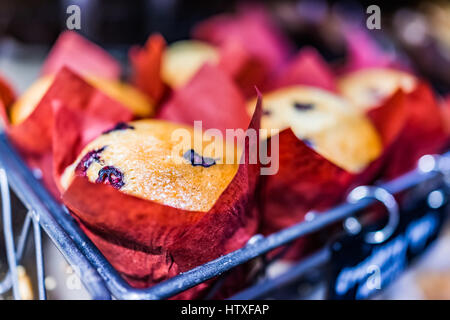 Vegan cranberry muffins on display in bakery in red paper liners Stock Photo