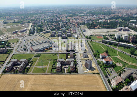 Aerial view of Parma with Piazza del Duomo, the Cathedral, the Baptistery; Pilotta, Taro, Tardini - Emilia Romagna Region, Italy Stock Photo