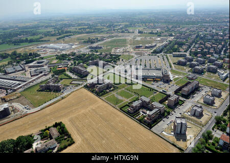 Aerial view of Parma with Piazza del Duomo, the Cathedral, the Baptistery; Pilotta, Taro, Tardini - Emilia Romagna Region, Italy Stock Photo