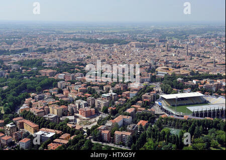 Aerial view of Parma with Piazza del Duomo, the Cathedral, the Baptistery; Pilotta, Taro, Tardini - Emilia Romagna Region, Italy Stock Photo