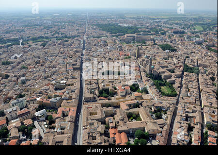 Aerial view of Parma with Piazza del Duomo, the Cathedral, the Baptistery; Pilotta, Taro, Tardini - Emilia Romagna Region, Italy Stock Photo