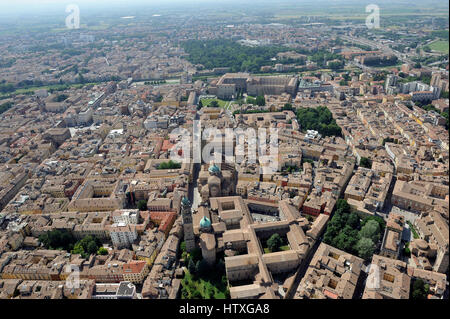 Aerial view of Parma with Piazza del Duomo, the Cathedral, the Baptistery; Pilotta, Taro, Tardini - Emilia Romagna Region, Italy Stock Photo