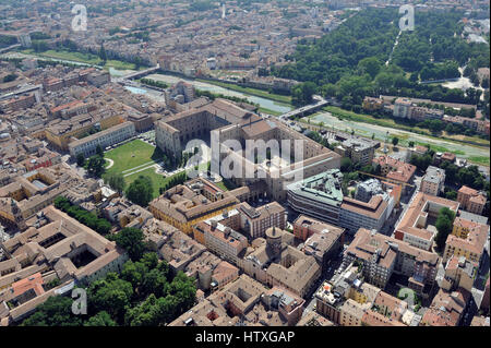 Aerial view of Parma with Piazza del Duomo, the Cathedral, the Baptistery; Pilotta, Taro, Tardini - Emilia Romagna Region, Italy Stock Photo