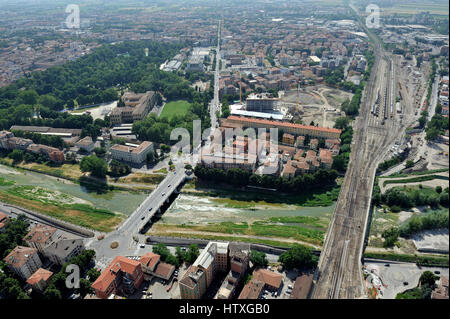 Aerial view of Parma with Piazza del Duomo, the Cathedral, the Baptistery; Pilotta, Taro, Tardini - Emilia Romagna Region, Italy Stock Photo