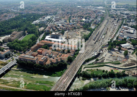 Aerial view of Parma with Piazza del Duomo, the Cathedral, the Baptistery; Pilotta, Taro, Tardini - Emilia Romagna Region, Italy Stock Photo