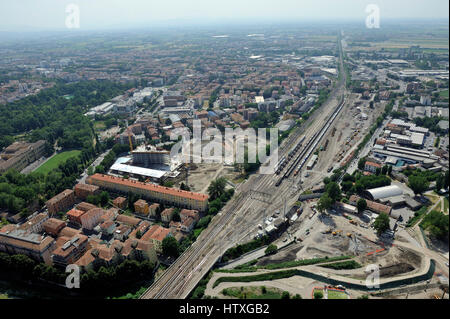 Aerial view of Parma with Piazza del Duomo, the Cathedral, the Baptistery; Pilotta, Taro, Tardini - Emilia Romagna Region, Italy Stock Photo