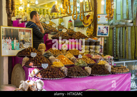 Fes, Morocco.  Vendor of Dates, Nuts, and Dried Fruits in the Old City. Stock Photo