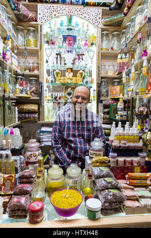 Fes, Morocco.  Vendor of Sweets and Assorted Sundry Items in the Medina. Stock Photo
