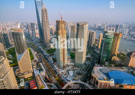 China, Shanghai. A view of the skyscrapers of Pudong area from the lookout Oriental Pearl TV Tower. The observation deck is located at a height of thr Stock Photo