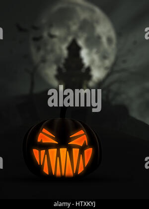 3D Halloween background with scary Jack o Lantern and castle in the background Stock Photo