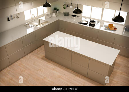 3d rendering modern kitchen interior on wooden floor