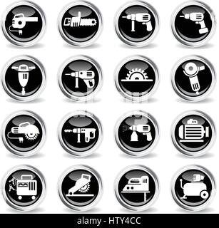 machine tools icons on stylish round chromed buttons Stock Vector
