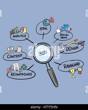 Vector icon of search engine optimization concepts against blue background Stock Vector