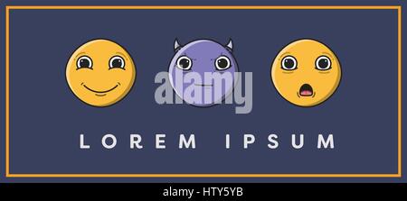 Vector of card with smiling, devil, sad emoji and text lorem ipsum Stock Vector