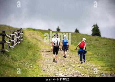 Walking tour through the romanian countryside, mountains, villages, waters. Holidays in carpathian nature. Stock Photo