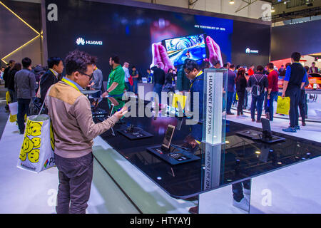 LAS VEGAS - JAN 08 : The Huawei booth at the CES show in Las Vegas on January 08 2017 , CES is the world's leading consumer-electronics show. Stock Photo