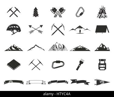 Mountain expedition silhouett icons set. Climb and camping shapes collection. Simple black pictograms. Use for creating logo, labels and other adventure designs. Vector isolated on white Stock Vector