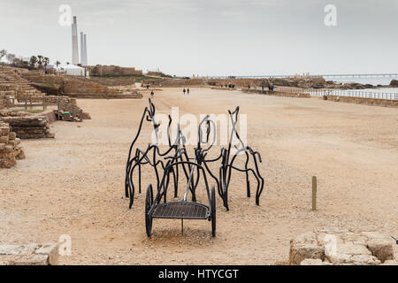 A modern steel sculpture of two horses and a chariot at the Roman Hippodrome in Caesarea, Israel Stock Photo