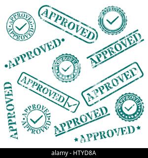 Set of round and rectangular stamps approved isolated on white background, vector illustration. Stock Vector