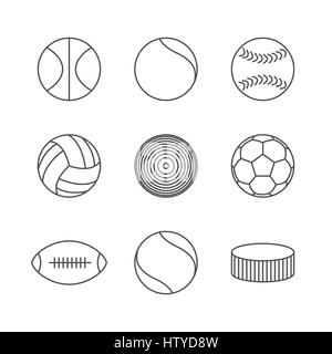 Gray icons of various sports balls of thin lines, vector illustration. Stock Vector