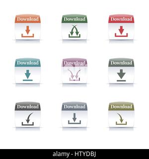 Set of different colored download buttons, vector illustration. Stock Vector