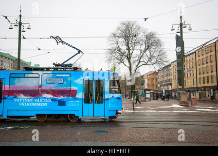 GOTHENBURG, SWEDEN - JANUARY 31: Tram passing Jarntorget square in Gothenburg on January 31, 2015 Stock Photo