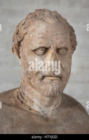 Greek statesman and orator Demosthenes (384-322 BC). Head of a statue from the Athenian Agora. Roman copy after a Greek original by Polyeuktos from about 280 BC on display in the Glyptothek Museum in Munich, Bavaria, Germany. Stock Photo