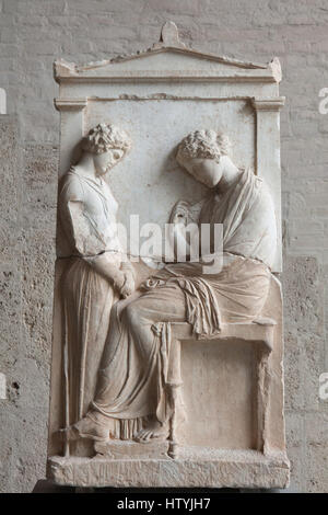 Grave relief of Mnesarete. Funerary stele from Attica from about 380 BC on display in the Glyptothek Museum in Munich, Bavaria, Germany. Stock Photo
