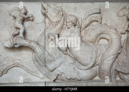 Sea nymph Nereid riding a hippocampus and bringing a wedding present to Poseidon and Amphitrite. Detail of the Altar of Domitius Ahenobarbus. Wedding of Poseidon and Amphitrite depicted in the marble frieze from a large statue base from Eastern Greece from about 150 BC on display in the Glyptothek Museum in Munich, Bavaria, Germany. Stock Photo