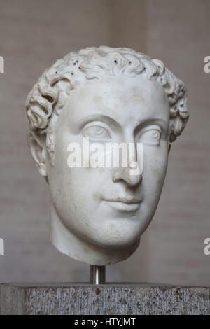 Head from a statue of a young Roman man from about 400 AD on display in the Glyptothek Museum in Munich, Bavaria, Germany. Stock Photo