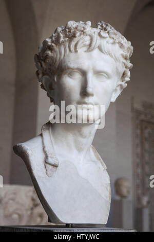 Augustus Bevilacqua. Marble bust of Roman Emperor Augustus (reign 27 BC - 14 AD) as the Father of the Fatherland wearing the Civic Crown (Corona Civica) of oak leaves, which the Senate awarded him in the year 27 BC, on display in the Glyptothek Museum in Munich, Bavaria, Germany. Stock Photo