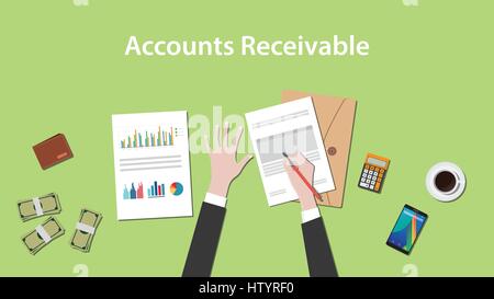 Accounts receivable illustration with a man writing on paperwork with money, calculator and folder document on top of table Stock Vector