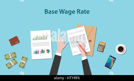 Illustration of base wage rate with a man writing on a paperwork with money and calculator on top of table Stock Vector