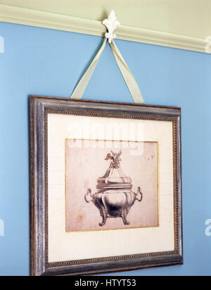Close-up of a framed engraving of a silver tureen Stock Photo