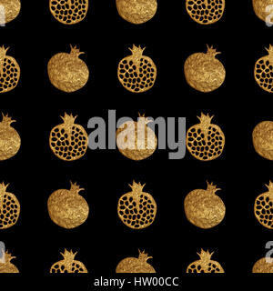 Gold abstract pomegranate seamless pattern. Hand painting glittering background. Summer fruit glow illustration. Stock Photo