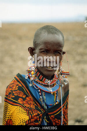 Masai woman wearing traditional colourful beadwork. Elder married lady. Kenya. Portrait. Stock Photo