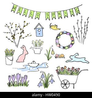 Hello Spring colored sketch set. First flowers, gardening and Lettering. Stock Vector