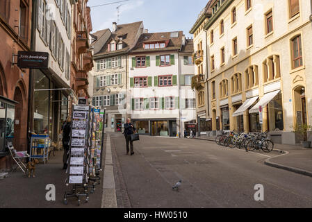 Man walking in Schnabelgasse in Basel old town city center also called Altstadt Grossbasel, Switzerland. Stock Photo