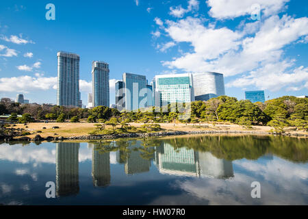 Old and modern architecture. 30 December 2016 Photo taken at the Hamarikyu Gardens, a public park in Tokyo, Japan. Located at the mouth of the Sumida  Stock Photo