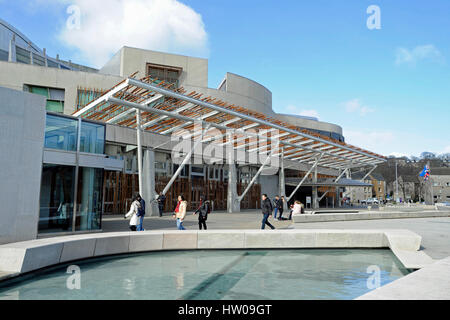Edinburgh, Scotland, UK. 14th March 2017. The Scottish Parliament bathed in spring sunshine on the day after First Minister Nicola Sturgeon announced she will seek approval to hold another referendum on Scottish independence. Credit: Ken Jack/Alamy Live News Stock Photo