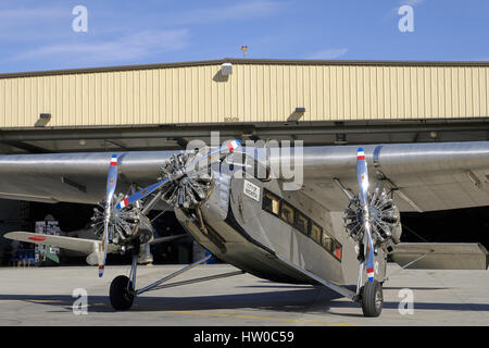 Palm Springs, CA, USA. 11th Mar, 2017. One of the very first passenger aircraft, a 1928 Ford TriMotor arrives at the Palm Springs Air Museum. Credit: Ian L. Sitren/ZUMA Wire/Alamy Live News Stock Photo