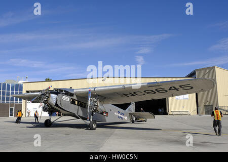 Palm Springs, CA, USA. 11th Mar, 2017. One of the very first passenger aircraft, a 1928 Ford TriMotor arrives at the Palm Springs Air Museum. Credit: Ian L. Sitren/ZUMA Wire/Alamy Live News Stock Photo