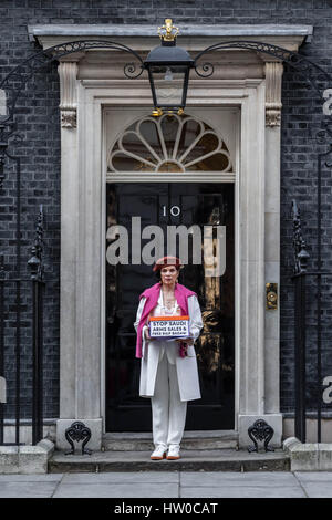 London, UK. 15th Mar, 2017. Bianca Jagger joins Human Rights campaigner Peter Tatchell to hand in a 159,000-signature petition to Prime Minister Theresa May at 10 Downing Street. The petition, organised by Peter Tatchell, urges the UK government to halt arms sales to Saudi Arabia over its war crimes to Yemen and its jailing of blogger Raif Badawi and other political prisoners. Credit: Guy Corbishley/Alamy Live News Stock Photo