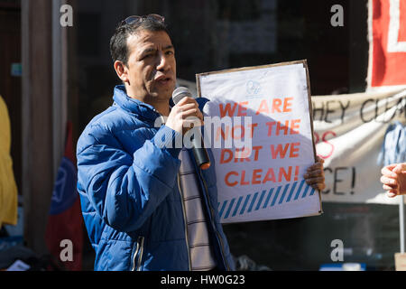 London, UK. 15th March 2017. Cleaners from the London School of Economics (LSE) and supporters from United Voices of the World stage a protest and picket outside the university building before marching to and occupying the cleaning contractor company, Noonan. The cleaners are striking for a London living wage and better working conditions, to bring them in line with equivalent grade staff that are directly employed by the university including sick pay, pension rights and paid leave from contractor Noonan. Credit: Vickie Flores/Alamy Live News Stock Photo
