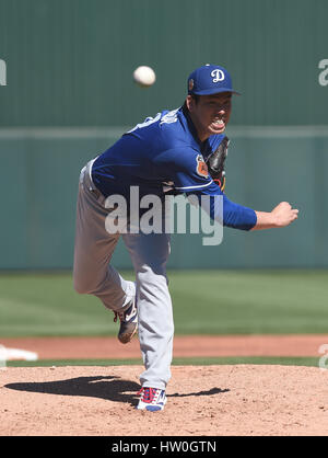 Tempe, Arizona, USA. 13th Mar, 2017. Kenta Maeda (Dodgers) MLB : Los Angeles Dodgers starting pitcher Kenta Maeda pitches during a spring training baseball game against the Los Angeles Angels of Anaheim at Tempe Diablo Stadium in Tempe, Arizona, United States . Credit: AFLO/Alamy Live News Stock Photo
