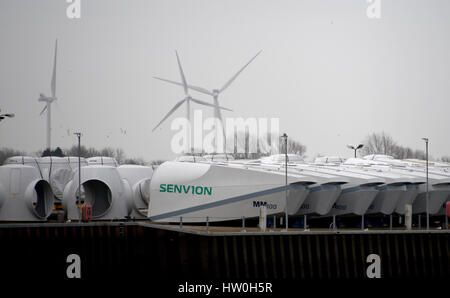 Husum, Germany. 16th Mar, 2017. Parts of wind power plants can be seen on the grounds of Senvion in Husum, Germany, 16 March 2017. Wind power plant manufacturer Senvion publishes further numbers on Thursday, after announcing plans to cut 780 jobs, 730 of which at German locations. Photo: Carsten Rehder/dpa/Alamy Live News Stock Photo