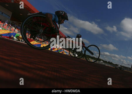 Sao Paulo, Brazil. 22nd Mar, 2017. Athletes are seen prior to the men's 800m T54 competiton during the Sao Paulo 2017 Youth Parapan American Games, in the Brazilian Paralympic Training Centre in Sao Paulo, Brazil, on March 22, 2017. The Sao Paulo 2017 Youth Parapan American Games is held from March 20 to March 25. Credit: Rahel Patrasso/Xinhua/Alamy Live News Stock Photo